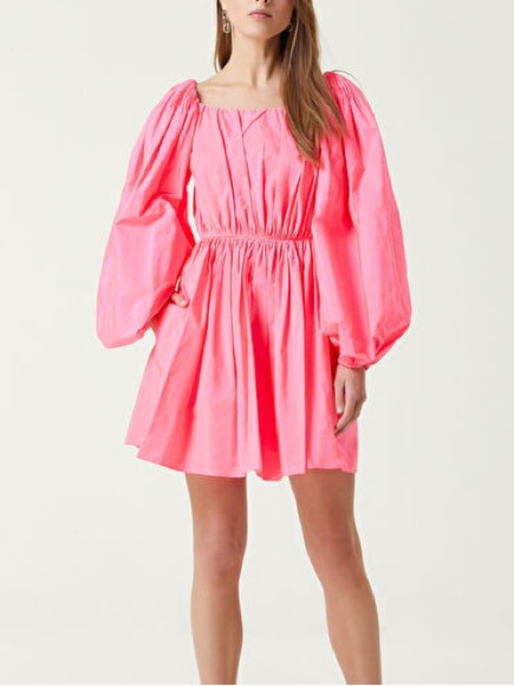 Valentino Hot Pink Long Sleeve Square-Neck Mini Dress Rosa Fluo NWT